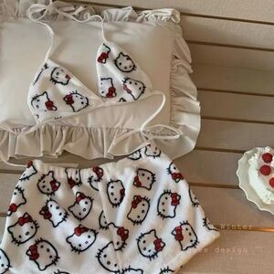 Hello Kitty White Fuzzy Two-Piece Lounge Set with Red Accents